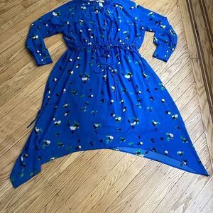 H&M Blue Floral Asymmetrical Midi Dress Size 12 Long Sleeve Drawstring Waist